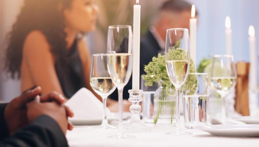 alcohol champagne and people at dinner party for celebration social event and gathering glass luxury and men and women with liquor for cheers toast and drinks at gala new years eve or wedding photo